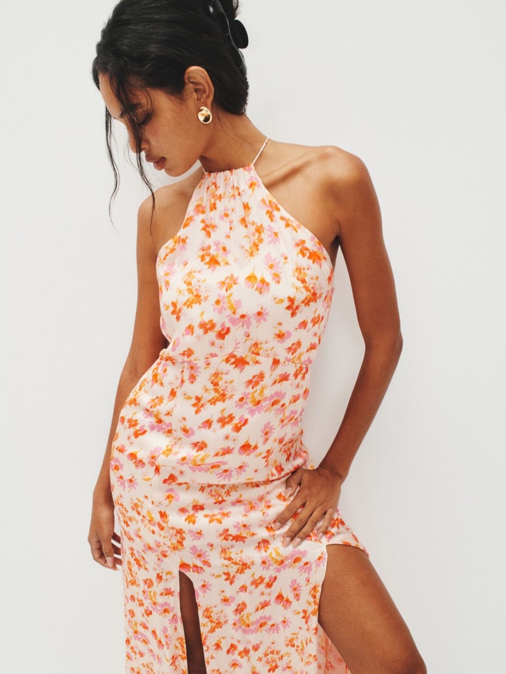 Maje Pink and Orange Floral Halter Maxi Dress